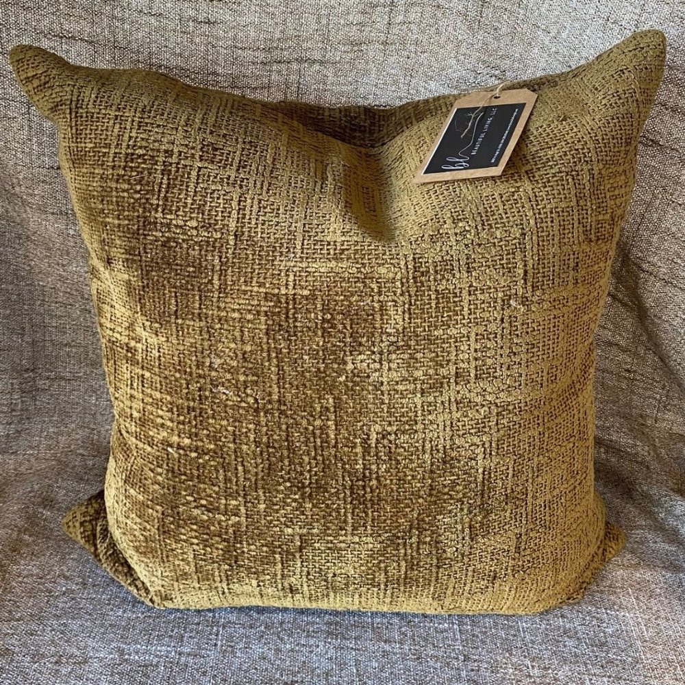 22”x 22” Autumn Mustard Soft Woven textured throw pillow.